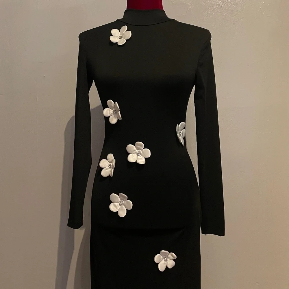 SHEIN White Floral Decor Black Stand Collar Long Sleeve Maxi Dress Size XXS - Picture 6 of 16